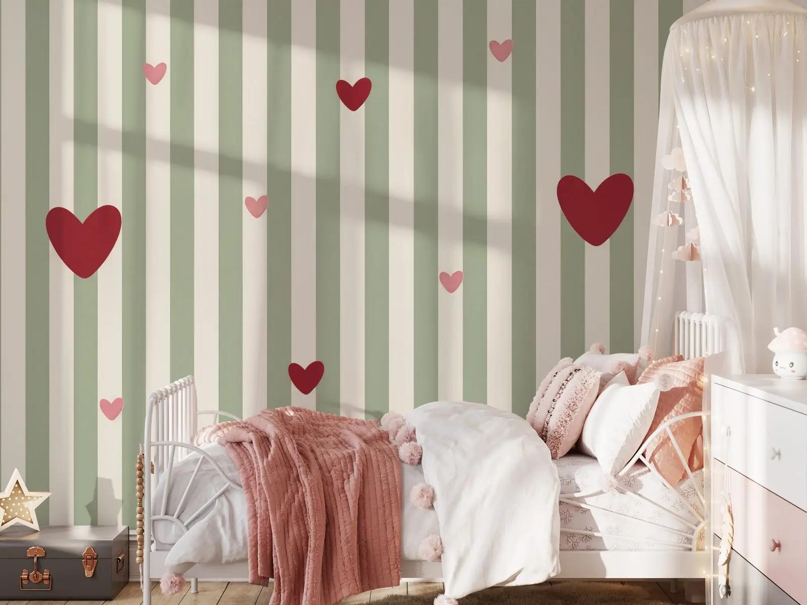 Sage Green Heart Stripe Wallpaper Mural