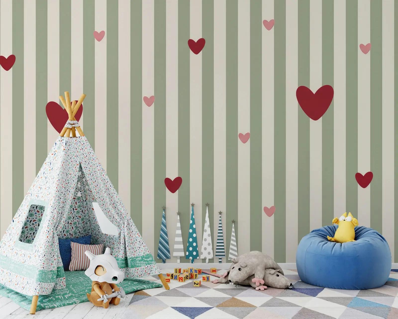 Sage Green Heart Stripe Wallpaper Mural
