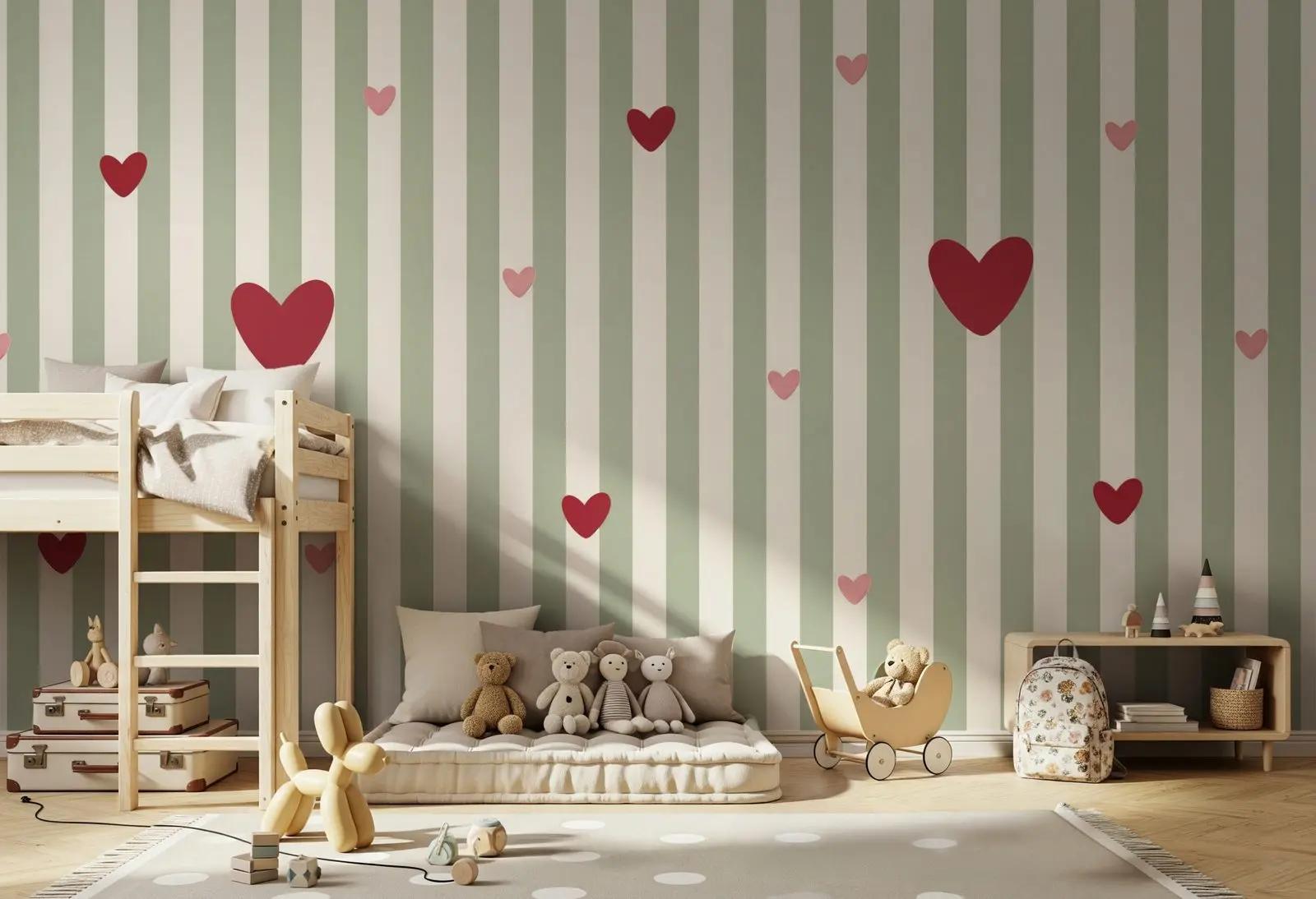 Sage Green Heart Stripe Wallpaper Mural