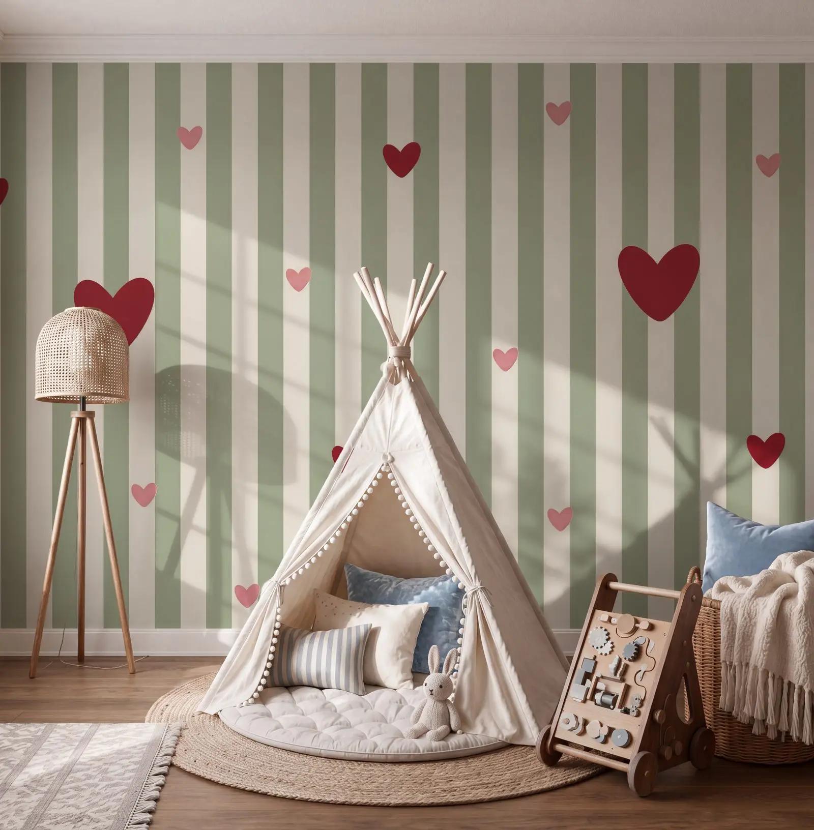 Sage Green Heart Stripe Wallpaper Mural