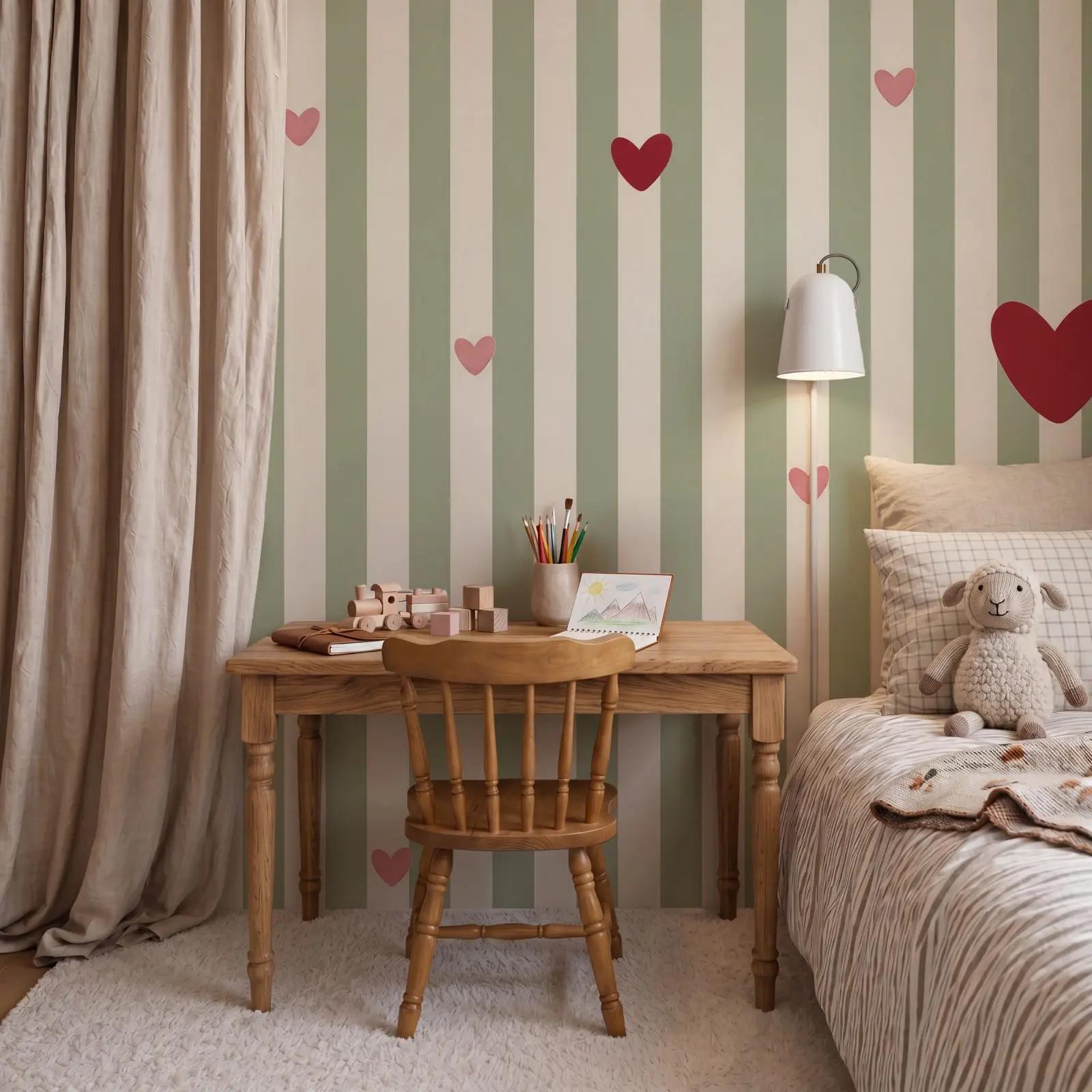Sage Green Heart Stripe Wallpaper Mural