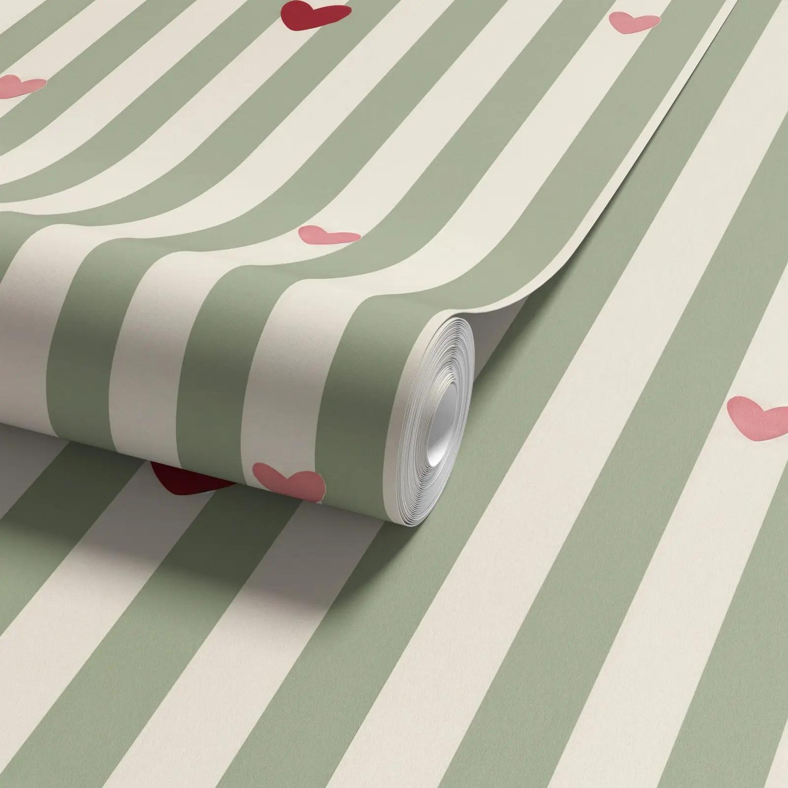 Sage Green Heart Stripe Wallpaper Mural