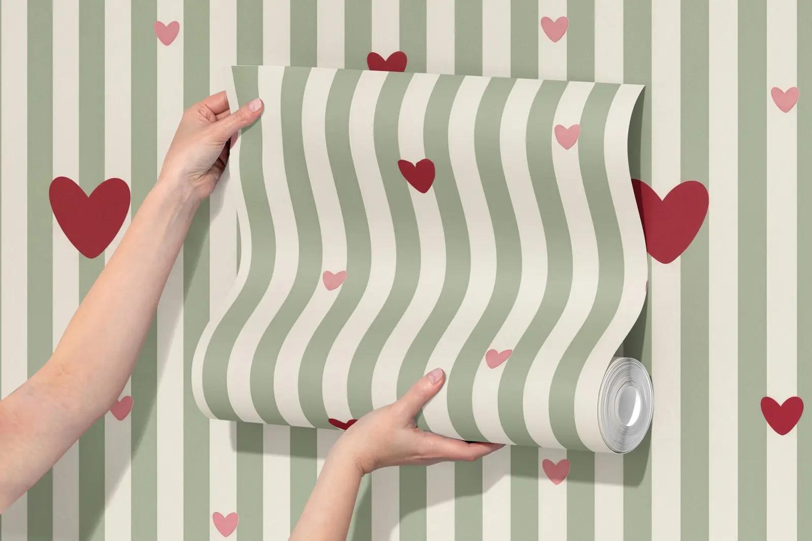 Sage Green Heart Stripe Wallpaper Mural