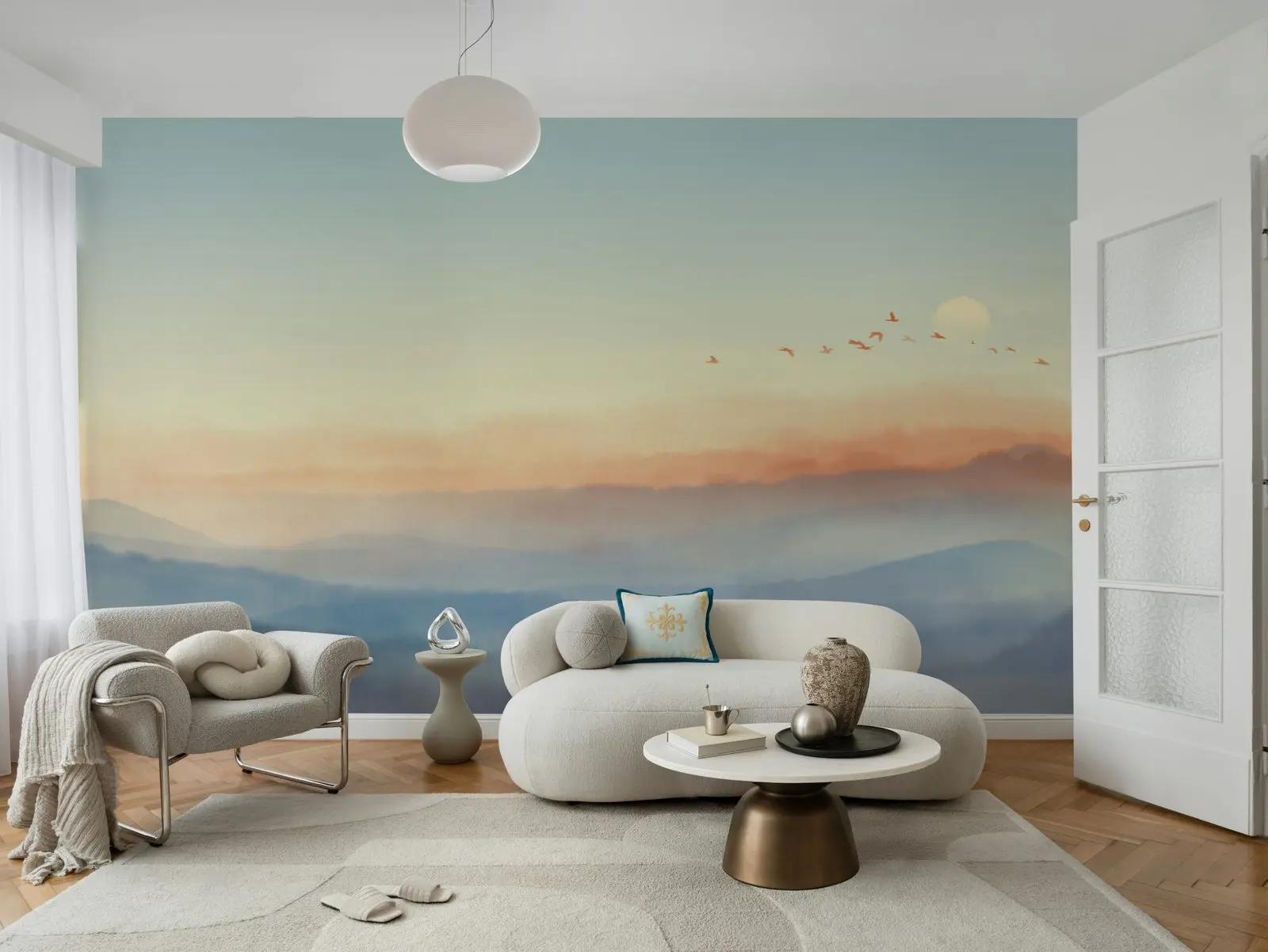 Watercolour Mountain Birds Wallpaper Mural