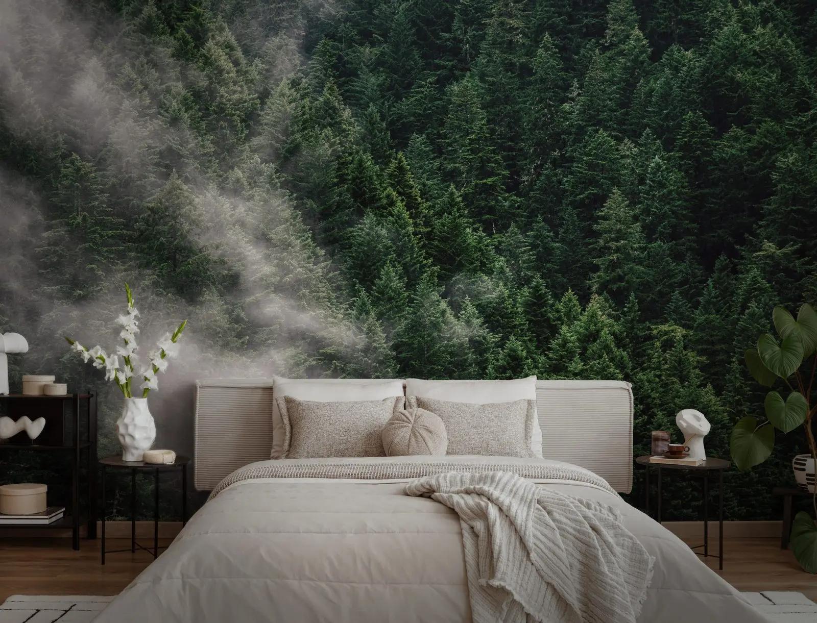 Misty Evergreen Forest Wallpaper Mural