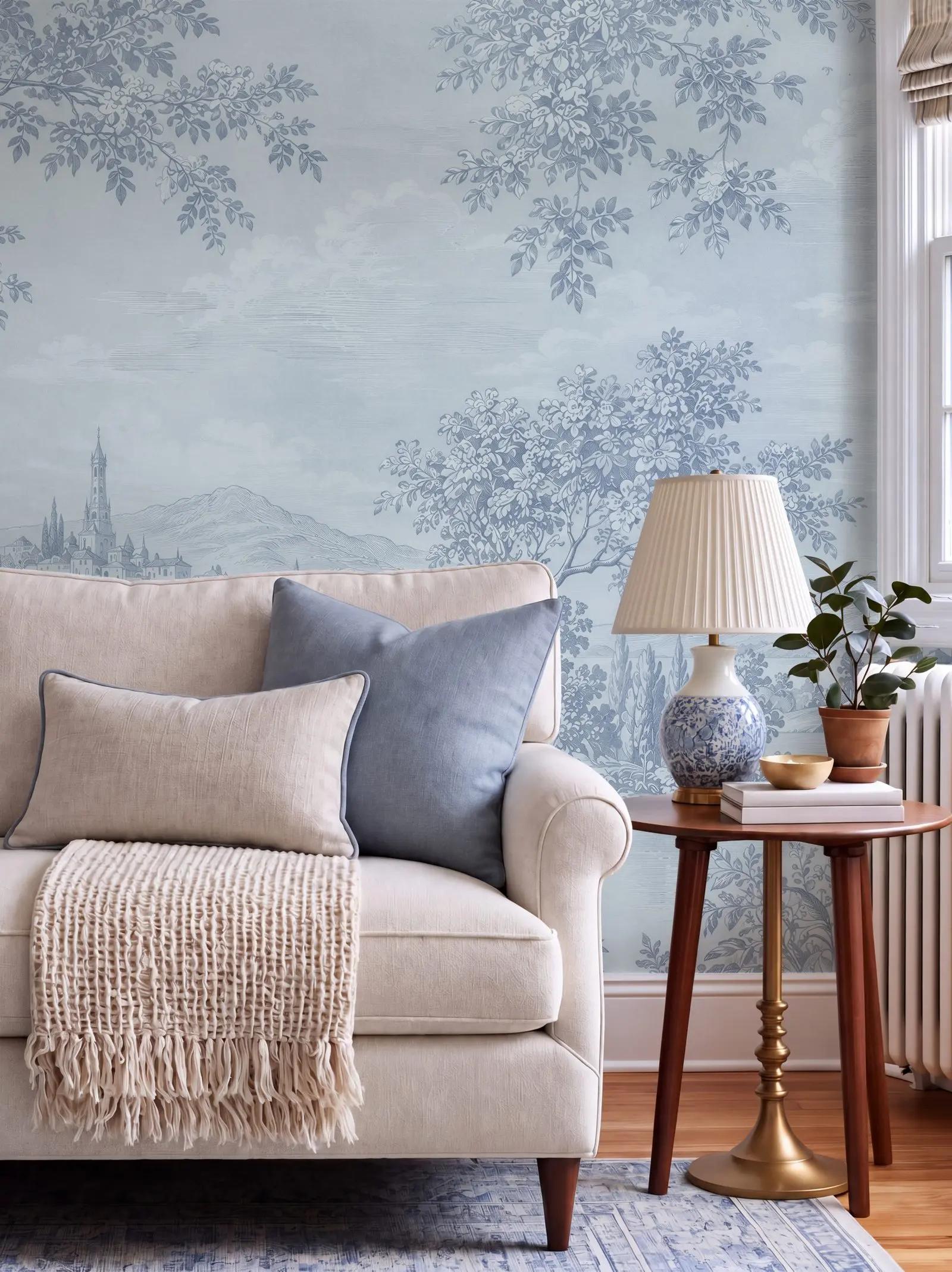 Powder Blue Toile Landscape Wallpaper Mural