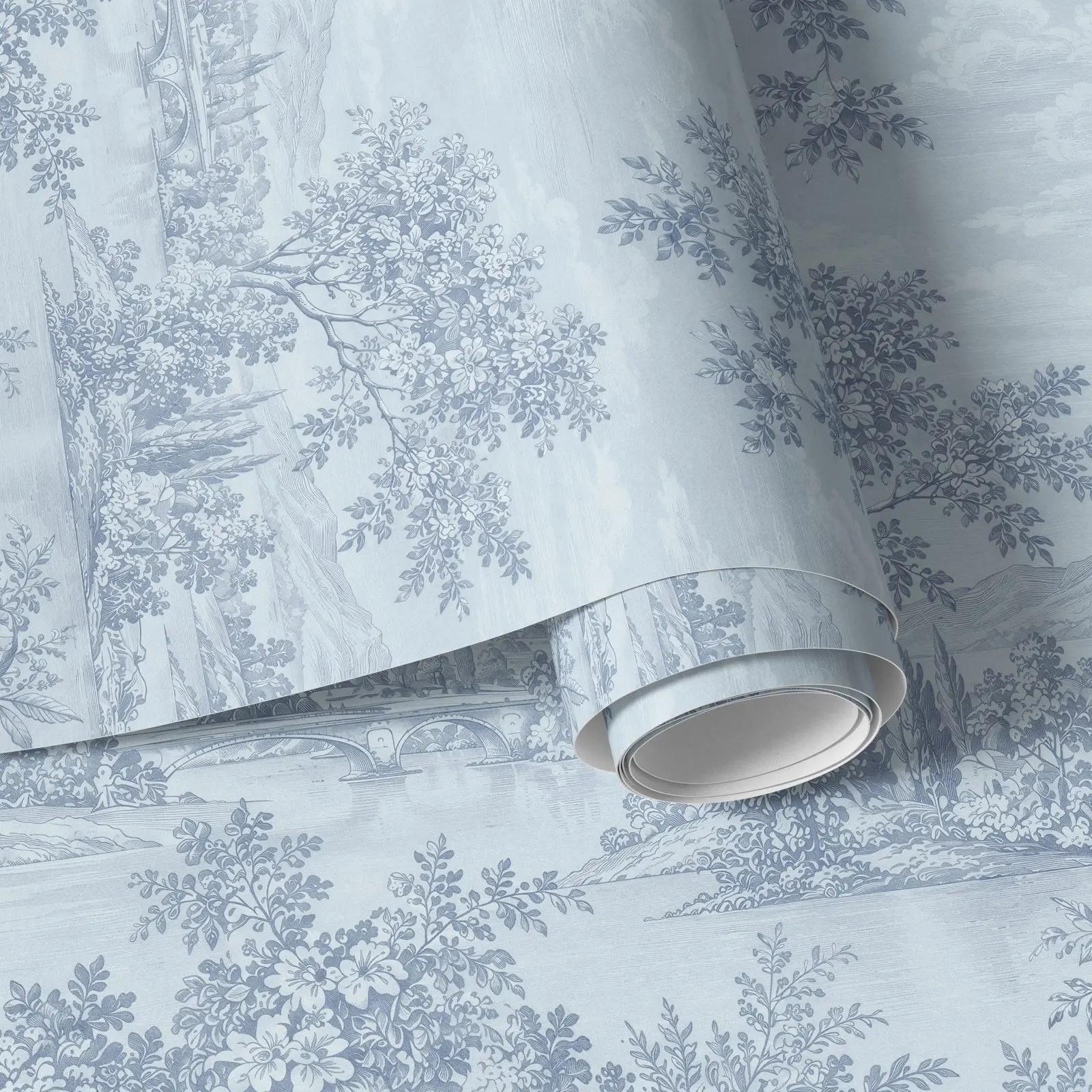 Powder Blue Toile Landscape Wallpaper Mural