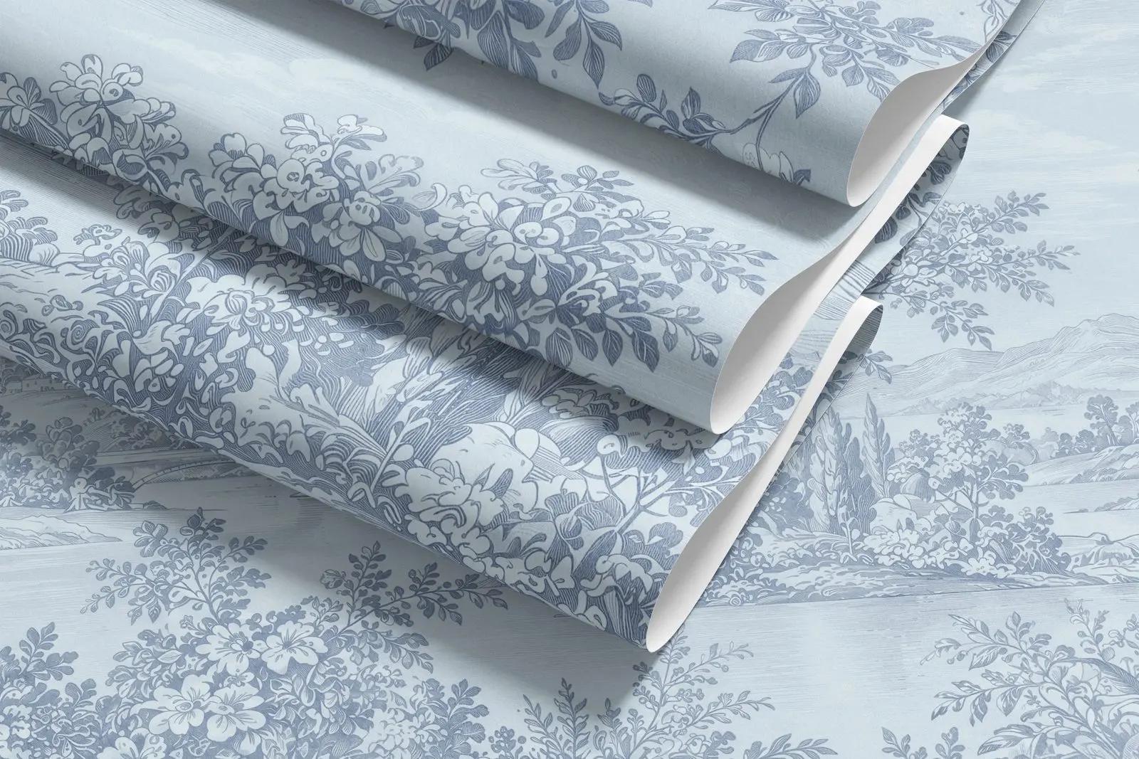 Powder Blue Toile Landscape Wallpaper Mural