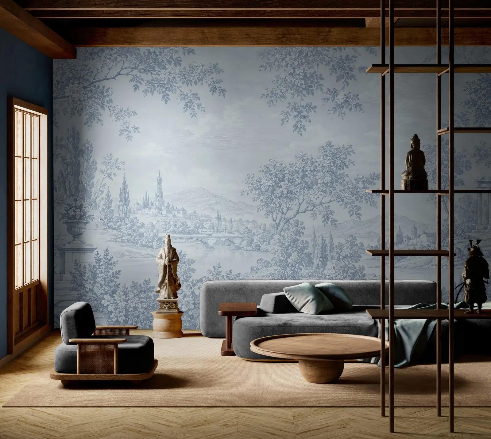 Powder Blue Toile Landscape Wallpaper Mural