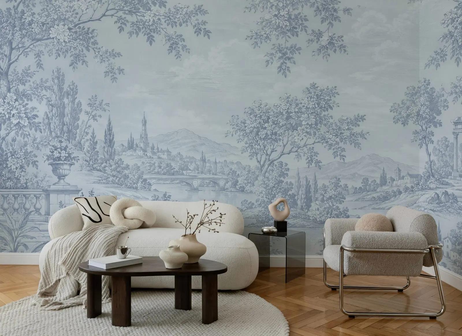 Powder Blue Toile Landscape Wallpaper Mural