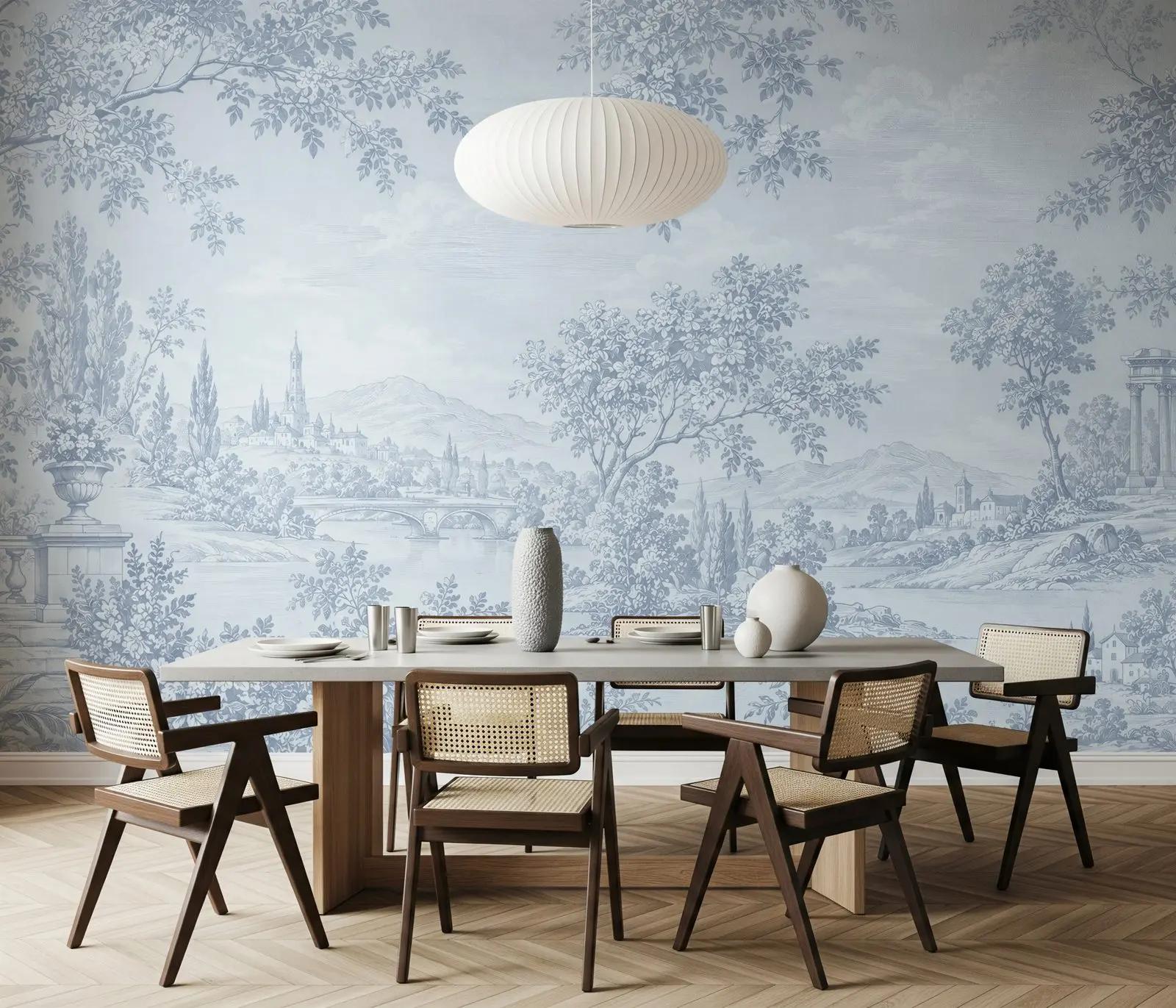 Powder Blue Toile Landscape Wallpaper Mural