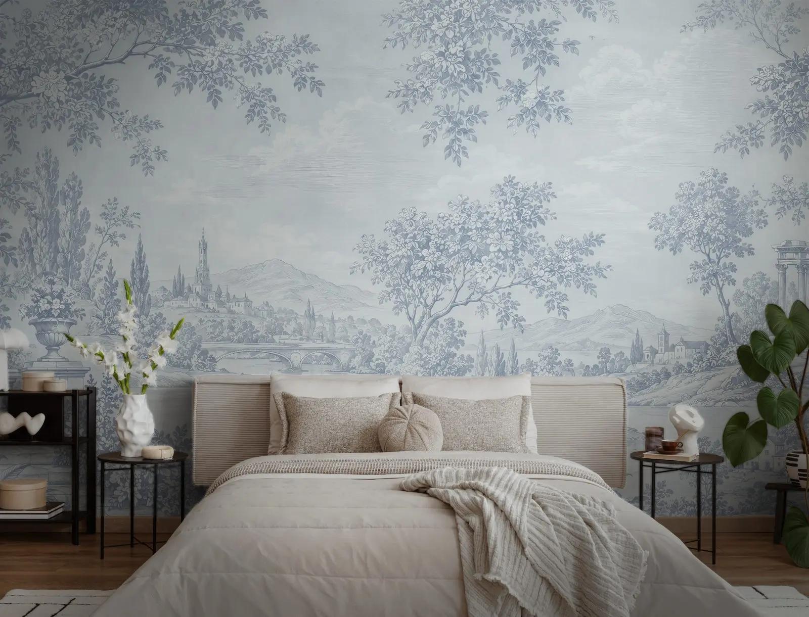 Powder Blue Toile Landscape Wallpaper Mural