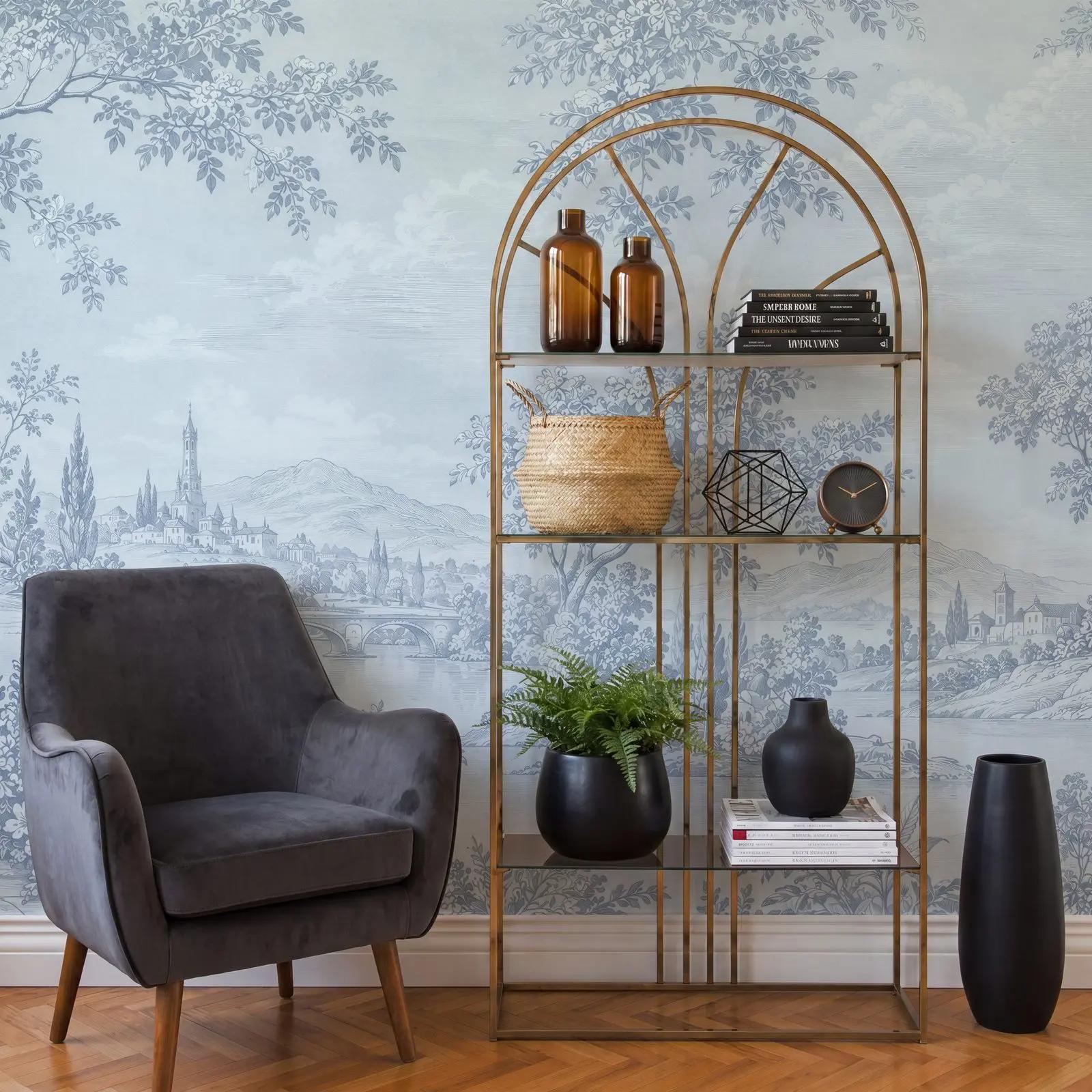 Powder Blue Toile Landscape Wallpaper Mural