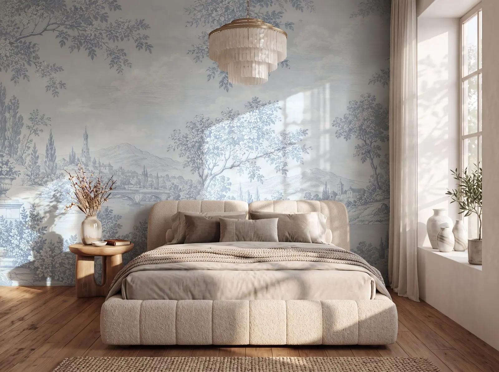 Powder Blue Toile Landscape Wallpaper Mural