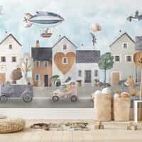Storybook Village Playful Animals Wallpaper Mural 2