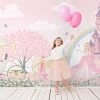 Pink Blossoms and Princess Castle Wallpaper Mural 1