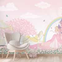 Pink Blossoms and Princess Castle Wallpaper Mural 2