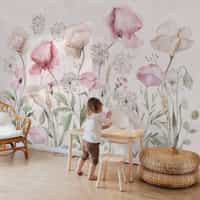 Delicate Watercolor Poppies Blooms Wallpaper Mural 2