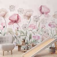 Delicate Watercolor Poppies Blooms Wallpaper Mural 3