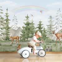 Whimsical Forest Wildlife with Rainbow Kids Wallpaper Mural 1