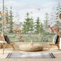 Whimsical Forest Wildlife with Rainbow Kids Wallpaper Mural 2