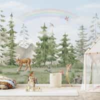 Whimsical Forest Wildlife with Rainbow Kids Wallpaper Mural 3