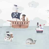 Adventurous Nautical Animals Kids Wallpaper Mural 7