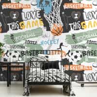 Youthful Sports Basketball Football Pattern Wallpaper Mural 1