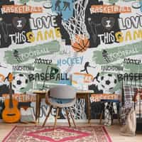 Youthful Sports Basketball Football Pattern Wallpaper Mural 2