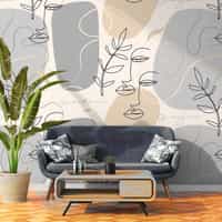 Modern Artistic Faces and Leaves Pattern Wallpaper Mural 2