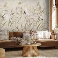 Graceful Cranes in Reeds Neutral Wallpaper Mural 1