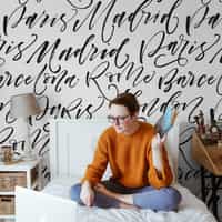 Calligraphy Cities Black and White Wallpaper Mural 1