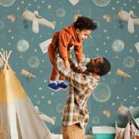 Whimsical Kids Watercolor Airplane with Stars Wallpaper Mural 1