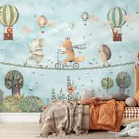 Whimsical Woodland Animals and Balloons Wall Mural 1