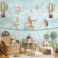 Whimsical Woodland Animals and Balloons Wall Mural 2