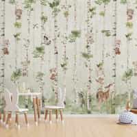 Cute Animals and Birch Tree Kids Wallpaper 2