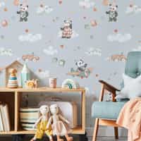 Kids Watercolor Panda Airplane Clouds Wallpaper Mural 2