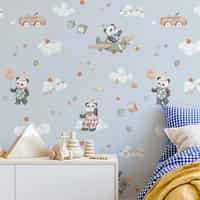 Kids Watercolor Panda Airplane Clouds Wallpaper Mural 3