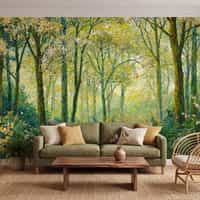 Nature Wallpaper Mural with Sunlit Forest Trees 1