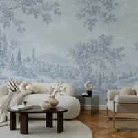 Powder Blue Toile Landscape Wallpaper Mural 2