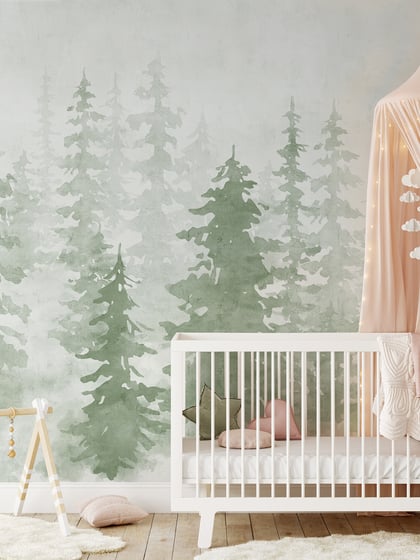Misty Forest Silhouette Watercolor Wallpaper Mural - Style II