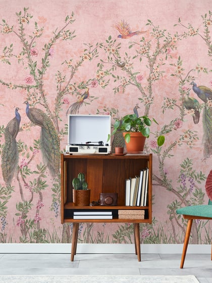 Floral Elegance Peacock Rose Garden Wallpaper Mural - Style I