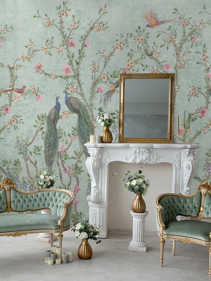 Floral Elegance Peacock Rose Garden Wallpaper Mural - Style II