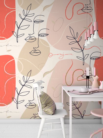 Modern Artistic Faces and Leaves Pattern Wallpaper Mural - Style I