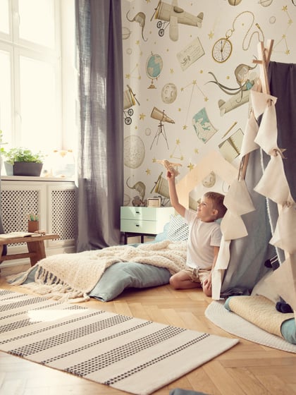 Whimsical Kids Watercolor Airplane with Stars Wallpaper Mural - Style I