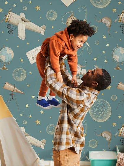 Whimsical Kids Watercolor Airplane with Stars Wallpaper Mural - Style II