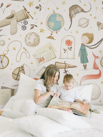 Dreamy Watercolor Nursery Airplane with Stars Wallpaper Mural - Style I