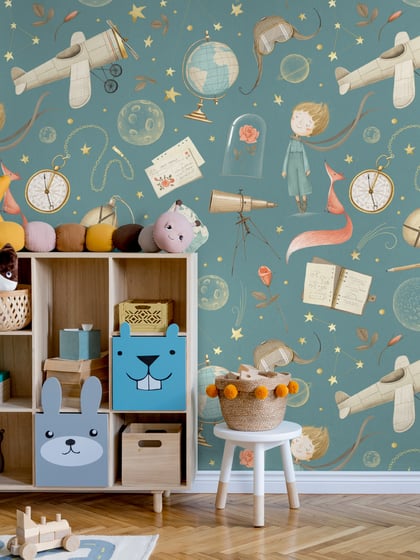 Dreamy Watercolor Nursery Airplane with Stars Wallpaper Mural - Style II
