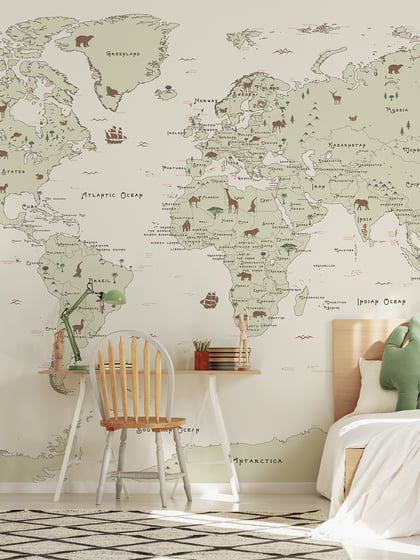 Safari Adventure World Map Kids Wallpaper Mural - Style II