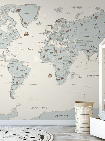 Safari Adventure World Map Kids Wallpaper Mural - Style III